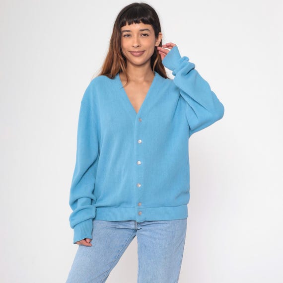 Vintage Light Blue Cardigan Sweater 80s Jantzen Button Up Grunge Grandpa Slouchy 1980s Retro Nerd V Neck Plain Men's Large L