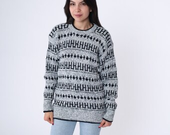 Geometrisk randig tröja 90-tals grå akrylstickad pullovertröja rund hals svart retro 1990-tals vintage liten