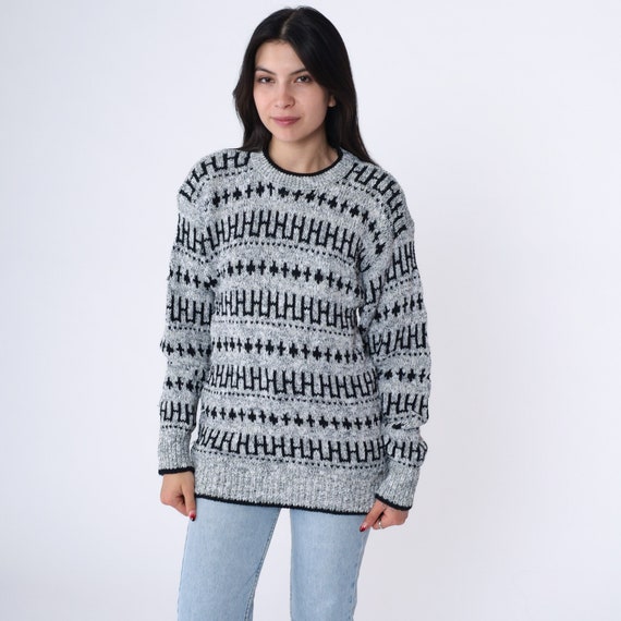 Geometric Striped Sweater 90s Grey Acrylic Knit Pullover Sweater Crewneck Jumper Black Retro 1990s Vintage Small