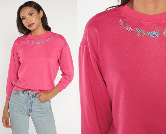 Embroidered Flower Sweatshirt 90s Hot Pink Floral Shirt Pullover Crewneck Sweater Retro Girly Spring Embroidery Vintage 1990s Extra Small xs
