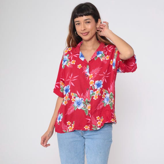 Red Hawaiian Shirt 90s Tropical Floral Blouse Button Up Top Retro Summer Short Sleeve Plumeria Flower Leaf Print Casual 1990s Vintage XL