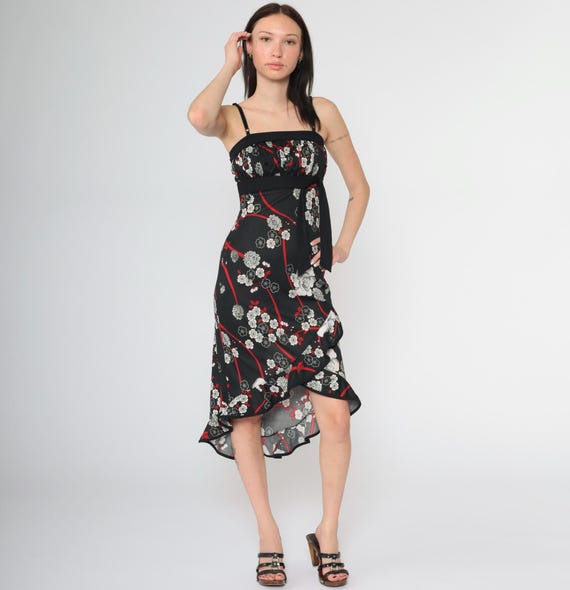 Vintage Y2K Party Dress Black Floral Sundress Waterfall Hem Midi Spaghetti Strap Empire Waist Red White Summer 00s Going Out Extra Small xs