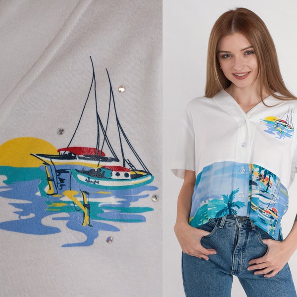 Sailing Blouse 90s Nautical Button Up Shirt Rhinestone Tropical Ocean Sailboat Print Short Sleeve Top Boat White Blue Vintage 1990s Large L