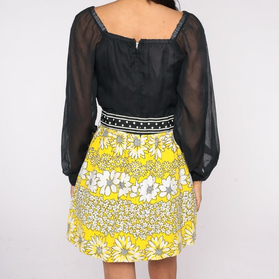 Balloon Sleeve Mini Dress 60s 70s Black Yellow Fl… - image 7