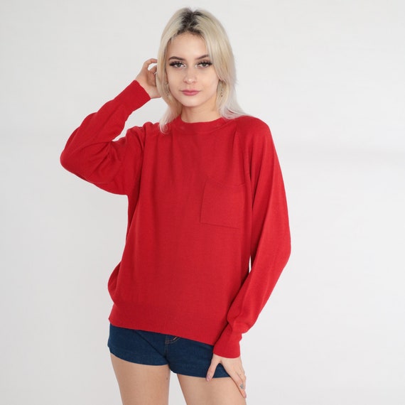 Red Knit Sweater 90s Plain Lambswool Pullover Cre… - image 3