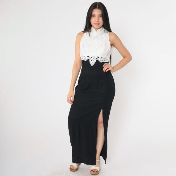 Vintage Lace Evening Dress Maxi Black White Formal Dress 80s 90s Jessica McClintock High Neck Sleeveless Cutout High Slit Empire Waist Small
