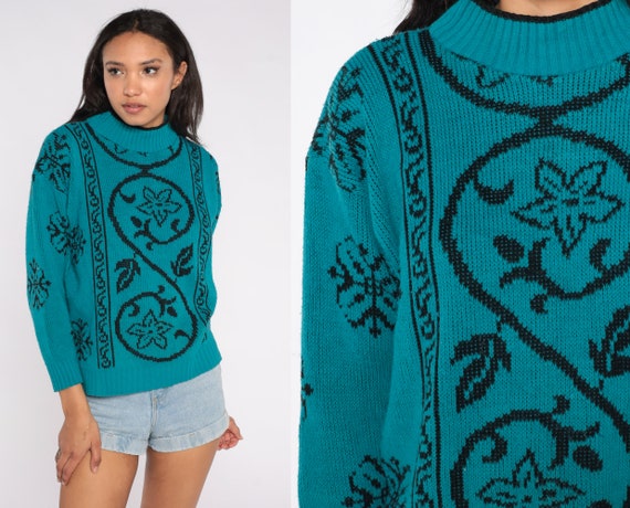 Floral Knit Sweater 80s Teal Black Striped Swirl Geometric Mock Neck Jacquard Print Pullover Boho 1980s Vintage Acrylic Knitwear Large L