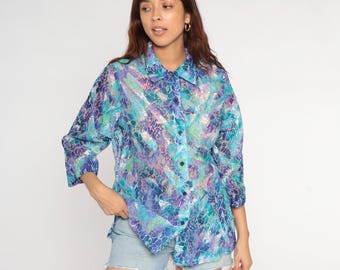 Y2K Sheer Burnout Shirt Holographic Floral Button Front Three Quarter Sleeve Vintage Cyber Vaporwave Iridescent Purple Party Large L