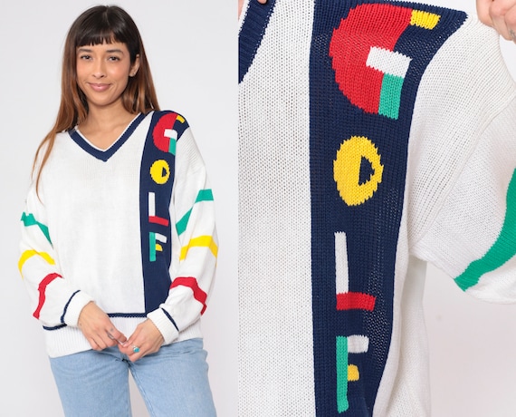 90s Golf Sweater White Knit Sweater Slouchy Preppy Spellout Golfer V Neck Pullover Crewneck Sports Retro Vintage 1990s Acrylic Large L
