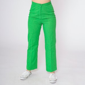 70s Lime Trousers Bright Green Straight Leg Pants Retro Boho High Rise Waist Seventies Creased Vintage 1970s Slacks Small S