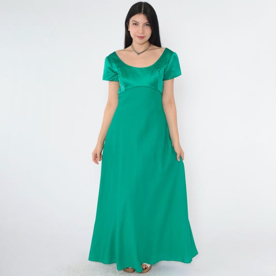 Vintage Green Formal Maxi Dress 90s Satin Party Dress Rosette Low Bow Back Empire Waist Short Sleeve Dress 1990s Long Cocktail Silky Small S