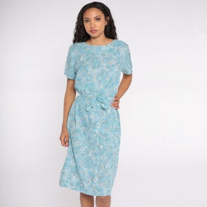Blue Floral Dress 60s Midi Blue Hippie Shift Vintage 1960s Sixties Day Dress Crepe Dress Short Sleeve Belted Large