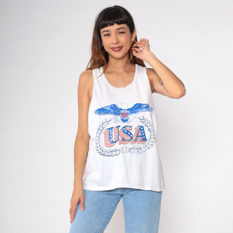 USA Eagle Tank Top 90s Patriotic Graphic Tee Shirt Faded Red White Blue Sleeveless Biker Top Olive Branch Arrow 1990s Retro Medium Large image 2