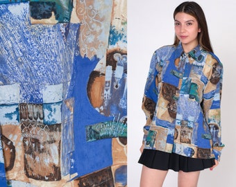 90s Button Up Shirt -- Abstract Shirt Blue Patchwork Watercolor Print Blouse 1990s Grunge Boho Painter Blouse Long Sleeve Extra Large xl