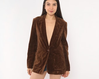 70s Velvet Blazer Brown Chocolate Single Button Notched Lapel Patch Pocket Cotton Jacket Coffee Coat Academic Collegiate Vintage Small S