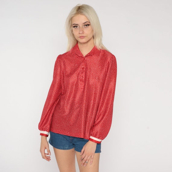 Polka Dot Blouse Red 70s Top Long Sleeve Button Up Shirt Retro Boho Rounded Collar Preppy Girly Mod Secretary Collared Vintage 1970s Small S