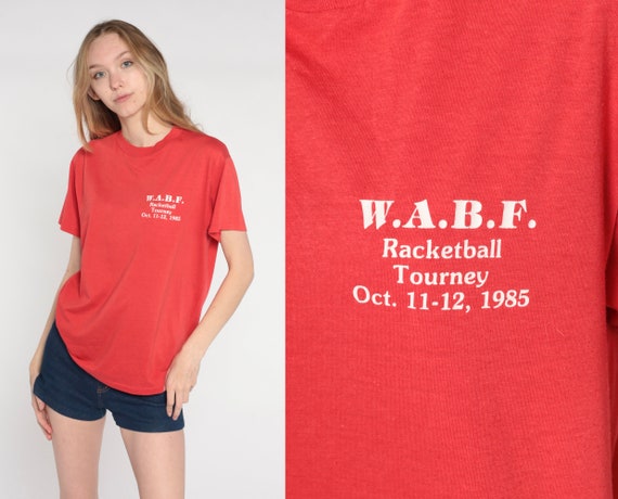 Racketball Tournament Shirt 1985 WABF Tourney T Shirt Retro Sports Graphic Tee Hipster Streetwear Single Stitch Vintage 1980s Mens Medium