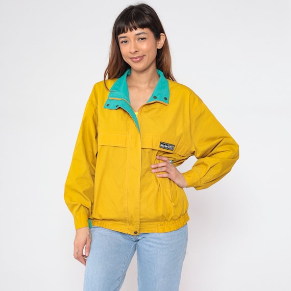 Reversible Windbreaker 80s Mustard Yellow Turquoise Blue Zip Up Jacket Retro Bomber Streetwear Sporty Athletic Hiking Vintage 1980s Medium M