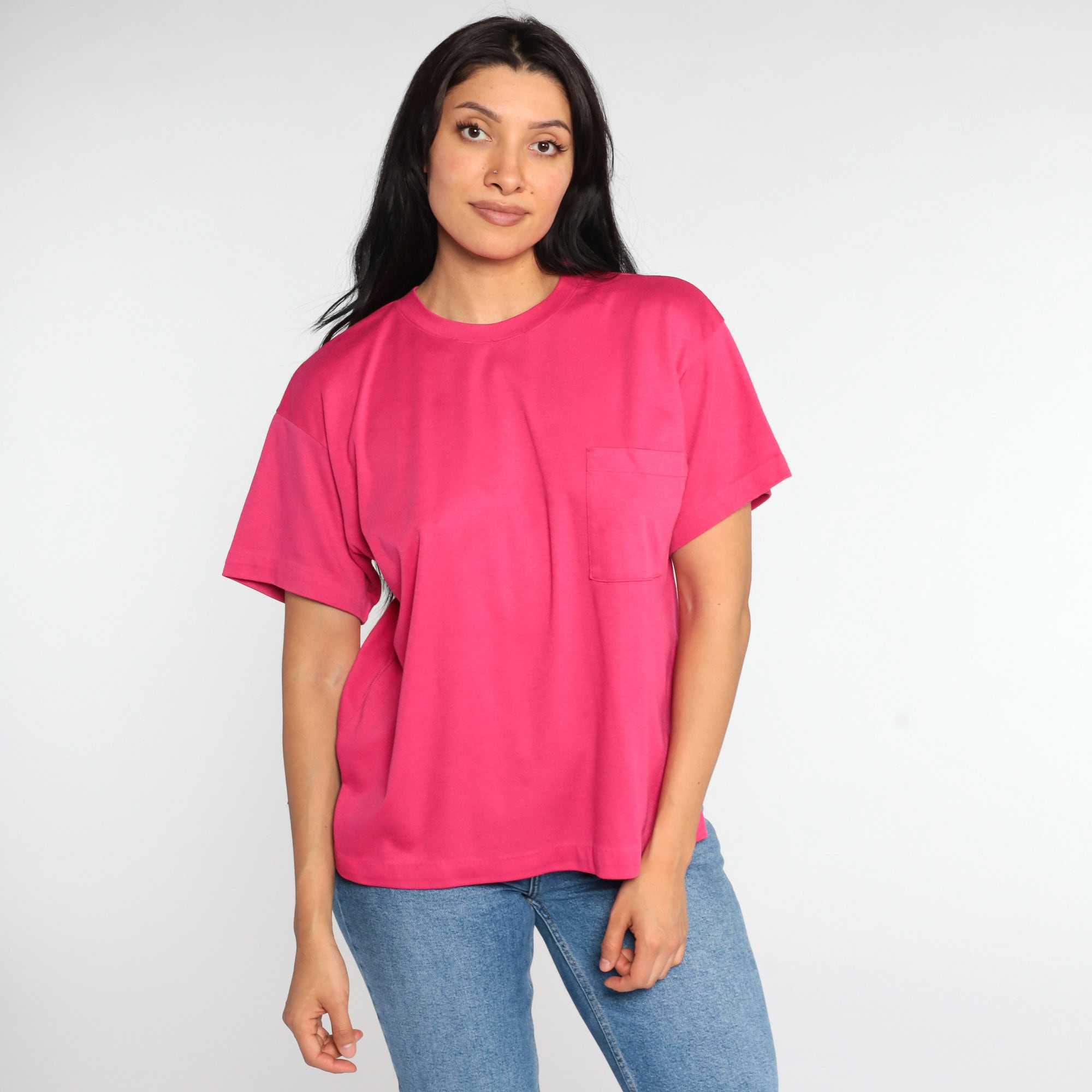 Pink Pocket Shirt 80s T Shirt Hot Pink Plain TShirt 90s Etsy