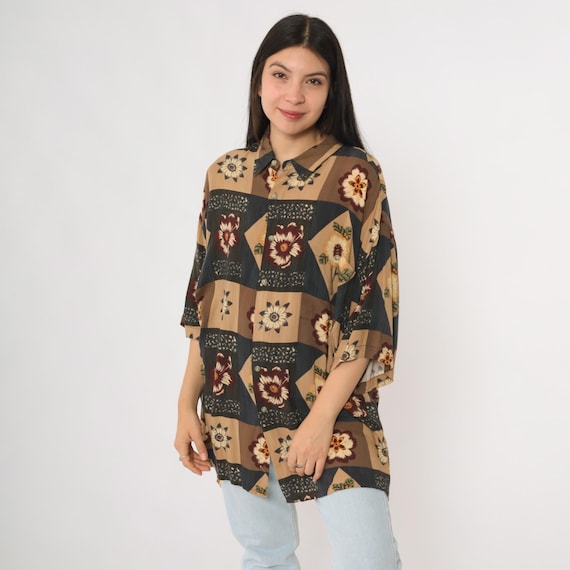 Floral Checkered Print Shirt Vintage 90s Rayon Fit Short Sleeve Button Down Top Brown Black Beige Red Extra Large XL