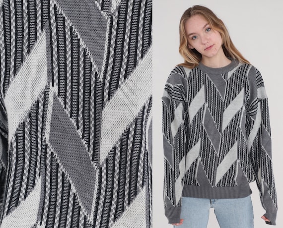 Grey Chevron Sweater 90s Knit Pullover Sweater Retro Grunge Black Striped Print Crewneck Jumper Retro Acrylic Knitwear 1990s Vintage Large L