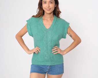 80s Mint Green Sweater Vest V Neck Cable Knit Pullover Vintage Cottagecore Preppy Sleeveless Top Seafoam Spring Pastel Aqua Small S