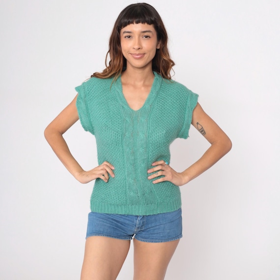 80s Mint Green Sweater Vest V Neck Cable Knit Pullover Vintage Cottagecore Preppy Sleeveless Top Seafoam Spring Pastel Aqua Small S