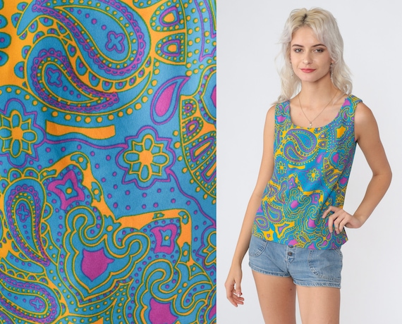 Paisley Floral Tank Top 70s Mod Blouse Sleeveless Shirt Groovy Flower Print Hippie Boho Summer Yellow Blue Pink Vintage 1970s Extra Small xs