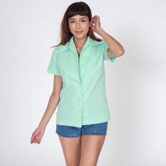 Mint Button Up Shirt 70s Dagger Collar Western Yoke Blouse Green Hippie Boho 1970s Shirt Disco Top Vintage Collared Short Sleeve Small