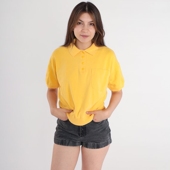 Yellow Polo Shirt 80s Collared Tshirt Preppy Basic Short Sleeve Top Pocket Tee Banded Hem Retro Collar Plain Solid Vintage 1980s Medium M