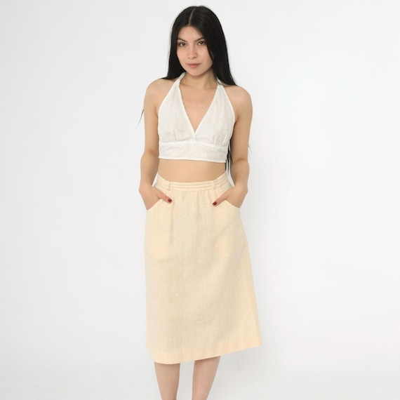 Vintage Flecked Cream Skirt 80s High Waisted A-Line Midi Skirt Retro Basic Aline Preppy Simple Plain Minimalist Pocket Front 1980s Small 26