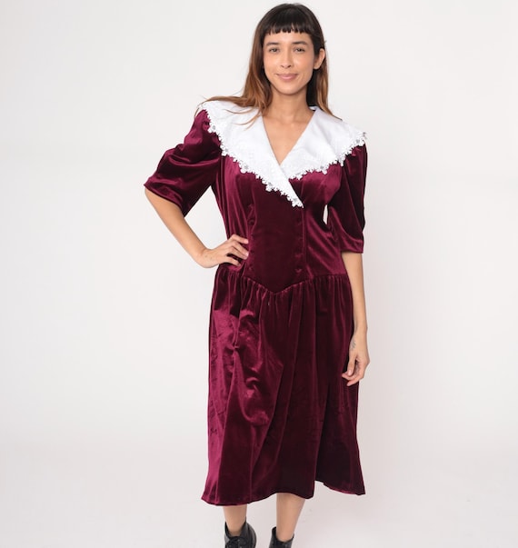 Burgundy Velvet Dress 90s White Lace Collar Button Front Drop Waist Puff Sleeves Three Quarter Victorian Gothic Prairie Dark Academia Large