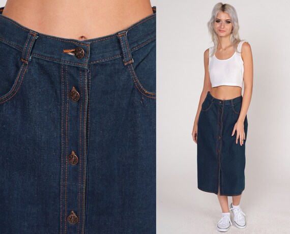 70s Denim Skirt Dark Wash Blue Jean Midi Skirt Button up High