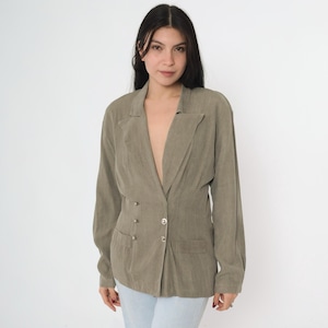 Vintage 80s Double Breasted Blazer Taupe Deep V Neck Oversized Sports Jacket Dark Academia Power Suit Office Medium 7