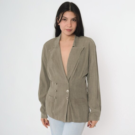 Vintage 80s Double Breasted Blazer Taupe Deep V Neck Oversized Sports Jacket Dark Academia Power Suit Office Medium 7