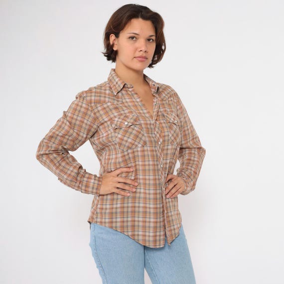 Vintage Plaid Western Shirt 80s Pearl Snap Shirt Burnt Orange Button Up Rodeo Shirt Checkered Retro Long Sleeve Tan 1980s 16 - 16 1/2 Large