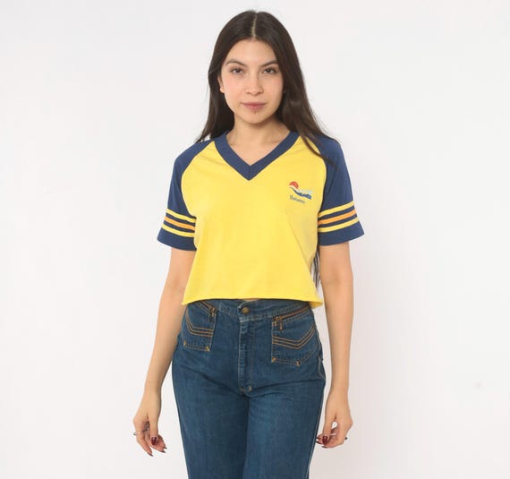 80s Bahamas Raglan Tee Yellow Navy Striped Sleeve Crop Top Embroidered Sunset Beach Varsity Sporty Collegiate Vacation Vintage Shirt Small S