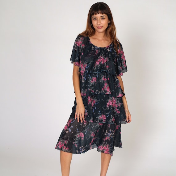 Tiered Floral Dress 70s Party Dress Black Midi Flounce Capelet Flutter Sleeve Drape Gown Cape Bohemian Cocktail Vintage 1970s Medium Large