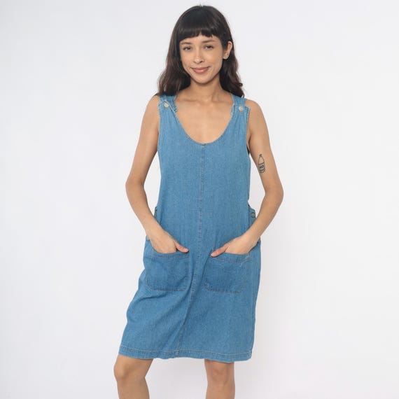 90s Denim Dress Sleeveless Side Button Jean Shift Front Pockets Light Blue Cotton Tank Jumper Vintage Summer Casual Straight Fit Large L