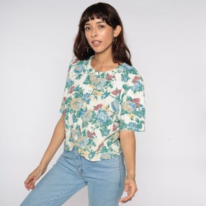 80s Floral Blouse 90s Short Sleeve Shirt Boho Grunge Shirt Button Up 80s Top Vintage 1980s Short Sleeve Off-White Green Oversize Medium