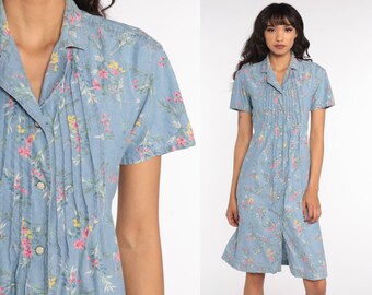 Floral Denim Dress 90s Midi Lizwear Dress Jean Grunge Dress Vintage 1990s Button Up High Waist Granny Short Sleeve Oversized Small Petite