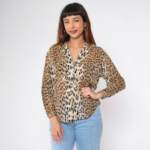 Leopard Print Blouse 90s Semi-Sheer Animal Print Button Up Shirt Long Sleeve Top Retro Cheetah Spot Top Vintage 1990s Liz Sport Small Petite