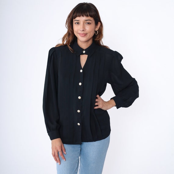 Black Keyhole Blouse 90s Pearl Button Up Top Puff… - image 4