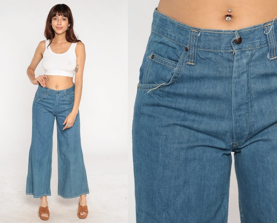 70s Bell Bottoms Jeans Denim Flares Retro Boho High Waisted Blue Flared Pants Hippie Festival Seventies Bellbottoms 1970s Vintage Medium 32