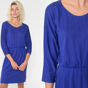 70er Dolman Ärmel Kleid lila Mini Kleid Schlicht 80er High Waist Kleid Schlicht einfaches Tageskleid lässiges Kleid Langarm Vintage Small Medium