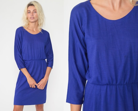 70s Dolman Sleeve Dress Purple Mini Dress Plain 80s High Waist Dress Plain Simple Day Dress Casual Dress Long sleeve Vintage Small Medium