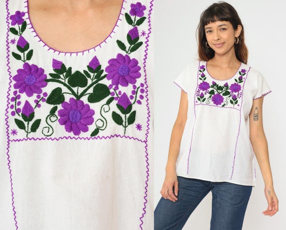 Vintage Embroidered Floral Blouse 90s White Mexican Top Peasant Hippie Short Sleeve Boho Tent Shirt Purple Flower 1990s Medium