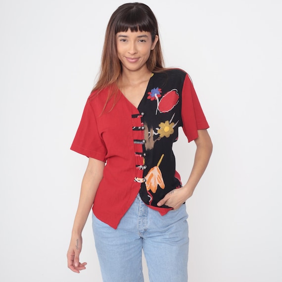 Floral Color Block Blouse 90s Red Black Abstract Flowers Print Button Front V Neck Tie Back Wrap Style Top Multicolor Vintage Medium M