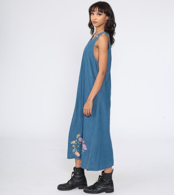 Floral Denim Dress EMBROIDERED Dress 90s Midi Jea… - image 3