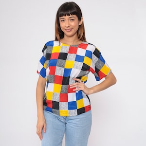 90s Color Block Top Boho Blouse Primary Color Black White Flecked Print Short Sleeve Shirt Retro Colorblock Mondrian Vintage 1990s Small S